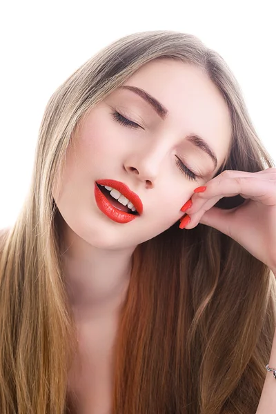 Portrait of attractive young woman with red lipstick — Stock Photo, Image