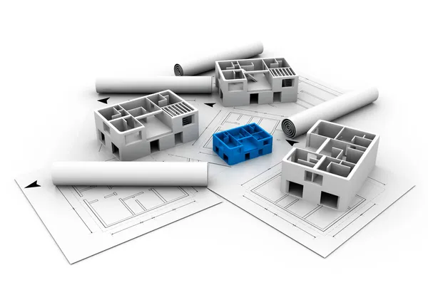 3D architektura domu modrý tisk plán — Stock fotografie