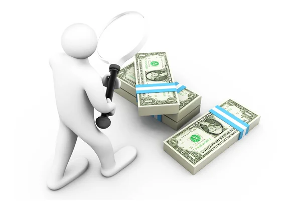 3D obchodní muž s lupou a dolary. hledání peněz — Stock fotografie