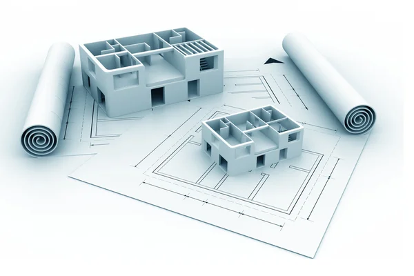3D-het platform blauwe print plan van het huis — Stockfoto