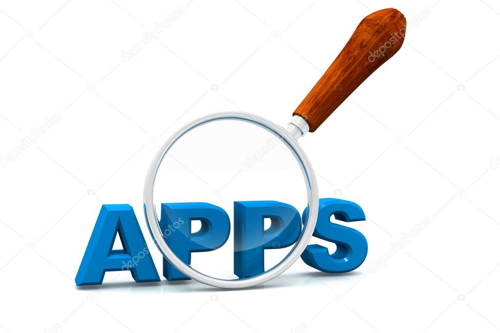 Apps and magnifying glass. Magnifying glass showing apps word