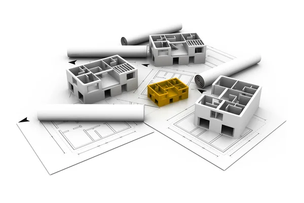 3D-het platform blauwe print plan van het huis — Stockfoto