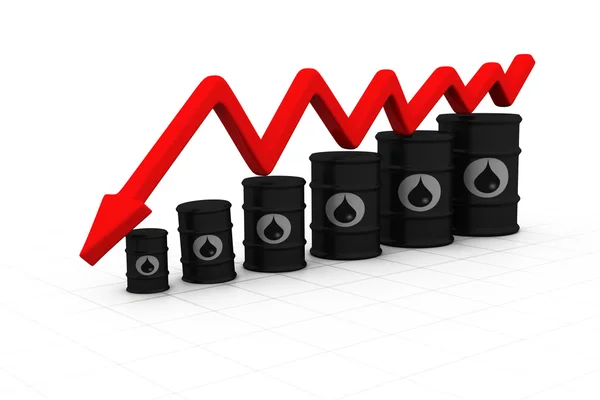 Barriles de petróleo con flecha hacia abajo. Caída del precio del petróleo — Foto de Stock