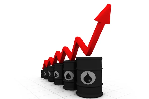 Barils de pétrole avec flèche croissante. Hausse du prix du pétrole . — Photo