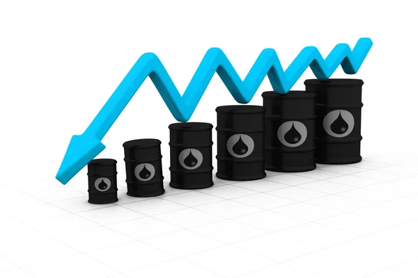 ダウン矢印でバレルを石油します。石油価格の下落 — ストック写真