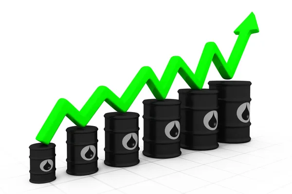 Barriles de petróleo con flecha creciente. Aumento del precio del petróleo . — Foto de Stock