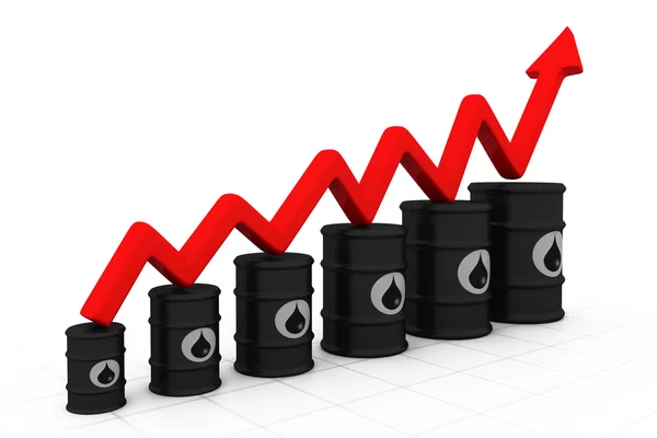 Barriles de petróleo con flecha creciente. Aumento del precio del petróleo . — Foto de Stock