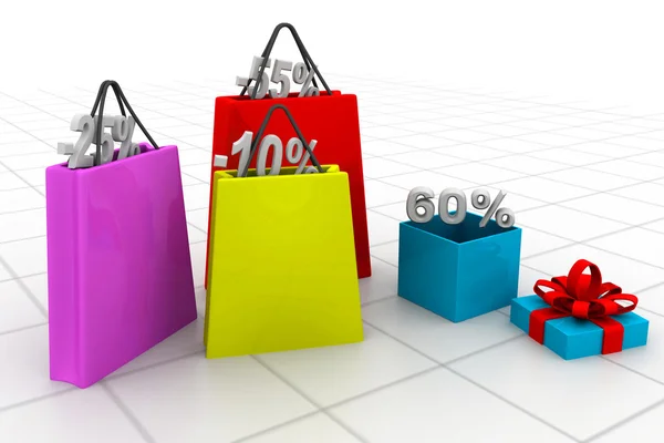 Shopping bags and different percent signs  - Discount concept — Stock Photo, Image