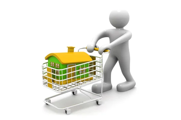 Shopping cart trolley with house with business man — Stock Photo, Image