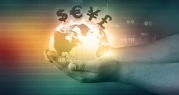 Wereld met financiële symbolen uit hand — Stockfoto