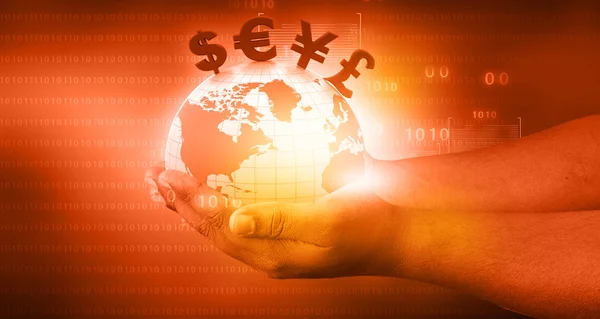 Welt mit Finanzsymbolen aus der Hand — Stockfoto