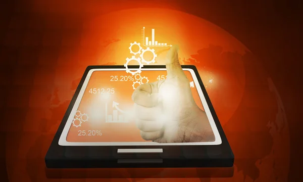 Computer tablet PC showing a some business icons with thumbs up — Stock Photo, Image