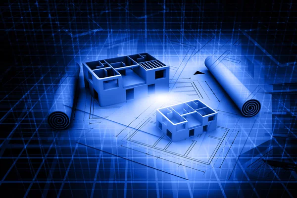 3D mimari ev mavi baskı planı. arka plan