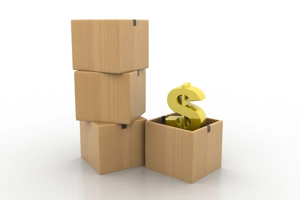 Dollar symbol inside of an opened carton box — Stock Photo, Image