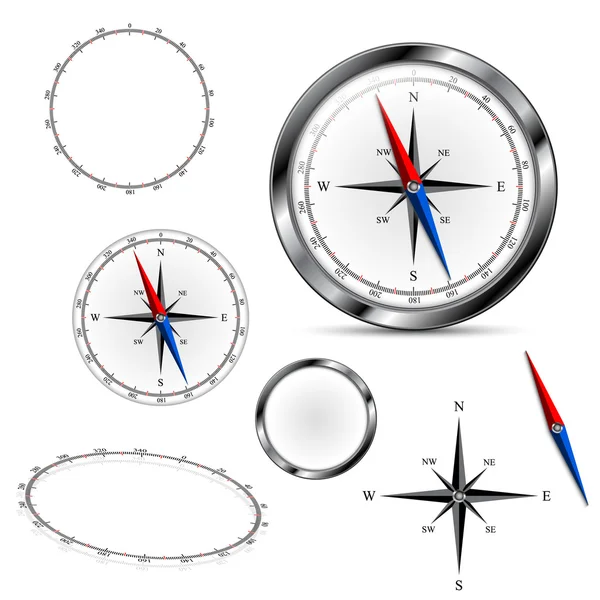 Silver kompass och delar av kompass på den vita bakgrunden Vektorgrafik