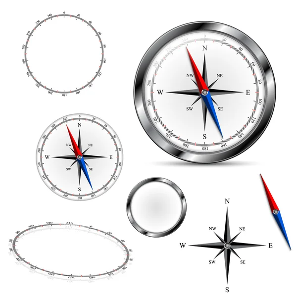 Silver kompass och delar av kompass på den vita bakgrunden Royaltyfria Stockvektorer