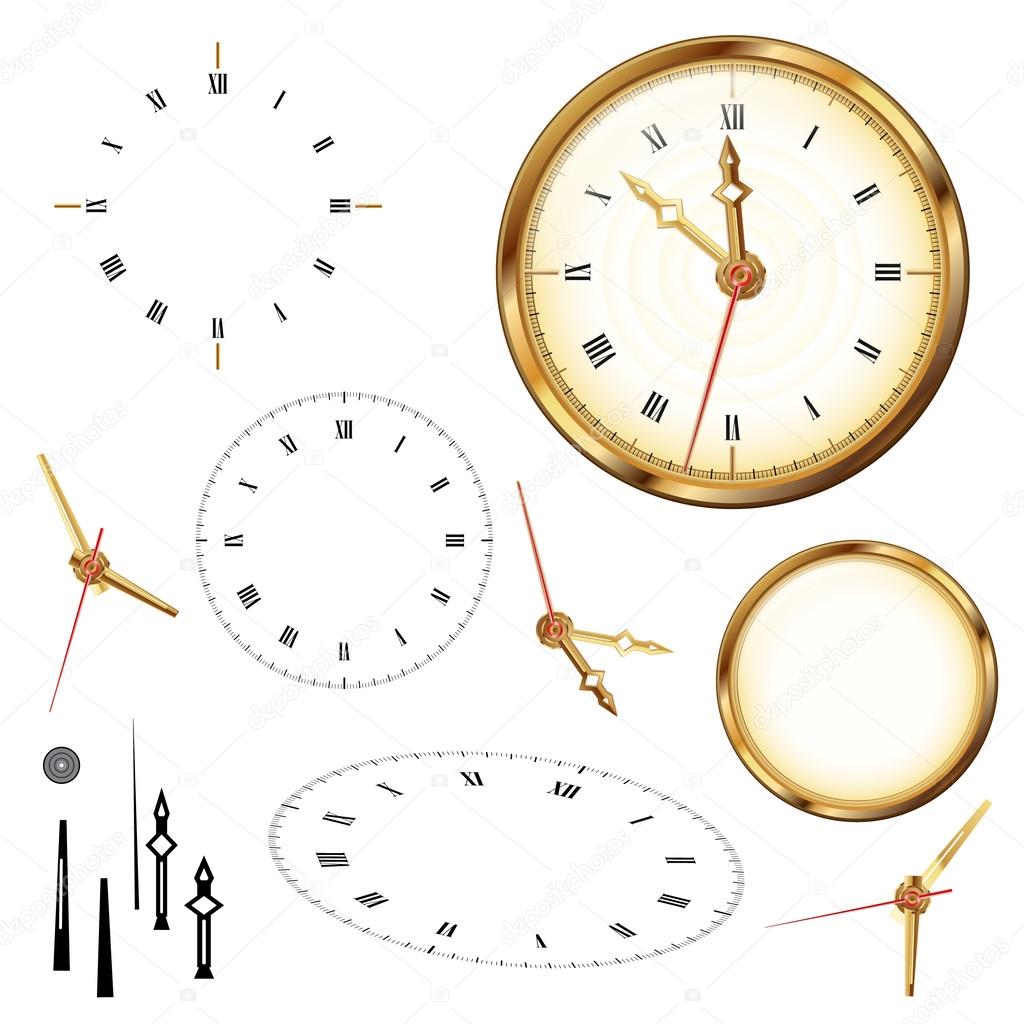 Golden clock and elements of clock on the white background