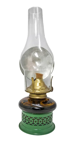 Green kerosene lamp isolated on white background. Stock Photo