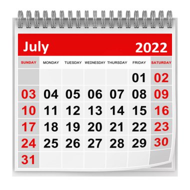 Takvim - Temmuz 2022, Bu 3 boyutlu oluşturulmuş bir bilgisayar görüntüsü. Beyazda izole edilmiş.