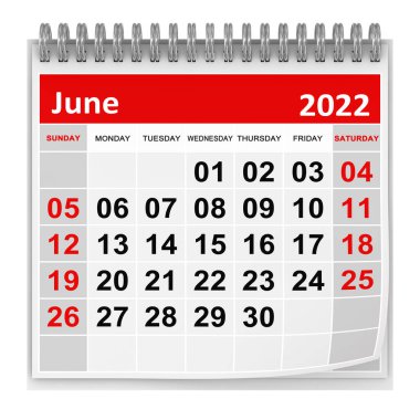 Takvim - Haziran 2022, Bu 3 boyutlu oluşturulmuş bir bilgisayar görüntüsü. Beyazda izole edilmiş.