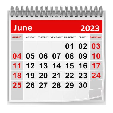 Calendar - June 2023 , This is a 3d rendered computer generated image. Isolated on white.