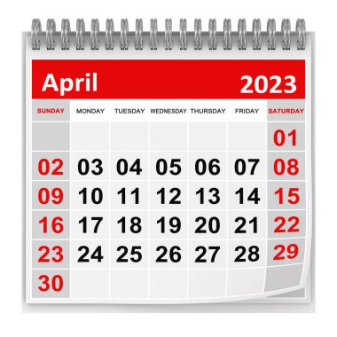 Calendar - April 2023 , This is a 3d rendered computer generated image. Isolated on white.