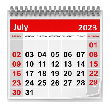 Calendar - July 2023 , This is a 3d rendered computer generated image. Isolated on white.