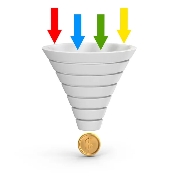 Funnel Concept with Arrow and Coin, bu bilgisayar tarafından üretilen 3 boyutlu bir resim. Beyazda izole edilmiş.