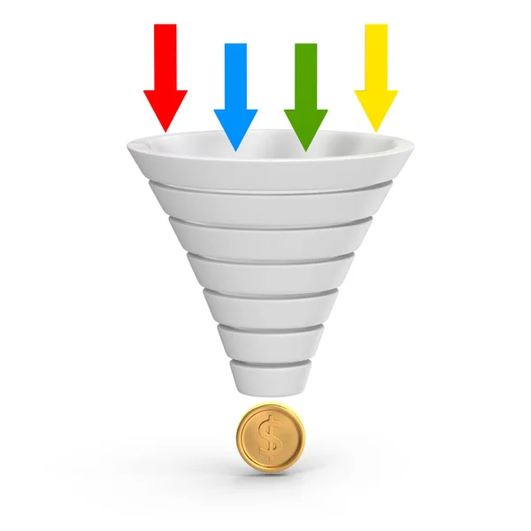 Funnel Concept Arrow Coin Rendered Computer Generated Image Isolated White — Stock Photo, Image