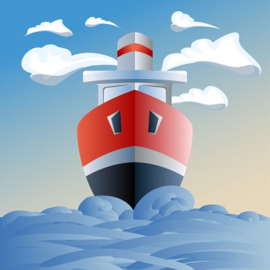 Kırmızı gemi deniz, bulutlar ve dalgalar