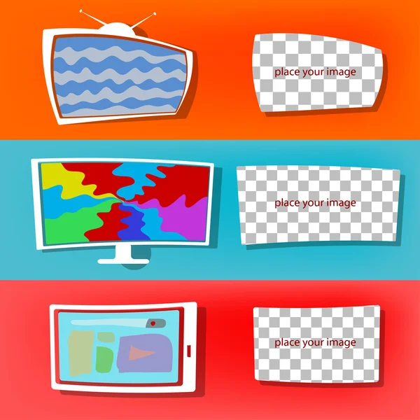 Conjunto plano moderno, televisores y tableta, ventana para insertar una imagen — Vector de stock