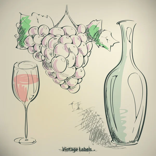Conjunto desenhado. Uvas, garrafa e copo de vinho — Vetor de Stock