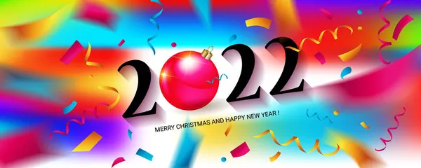 Feliz Año Nuevo 2022 Colgando Números Dorados Con Cintas Confeti — Vector de stock