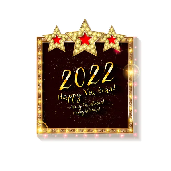 Gouden Vierkante Frame Met Sterren Inscriptie Gelukkig Nieuwjaar 2022 Vectorillustratie — Stockvector