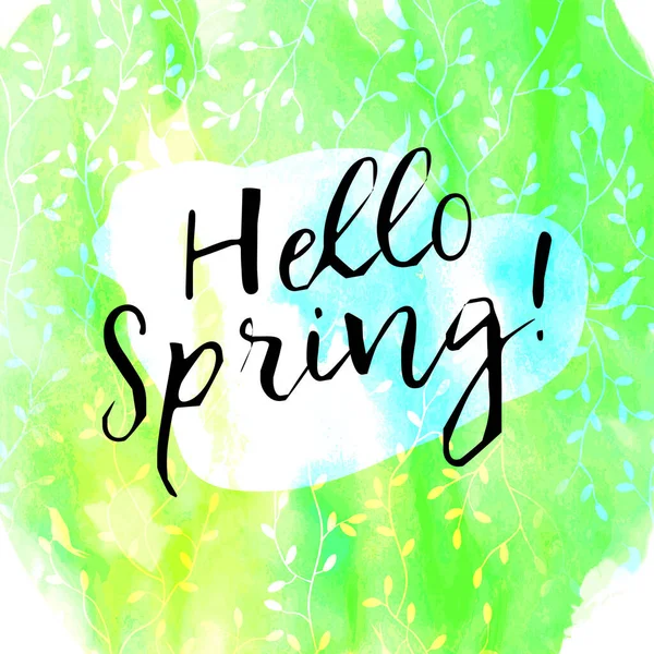 Hello Spring Text Colorful Background Green Blue Brush Strokes Vector — Stock Vector