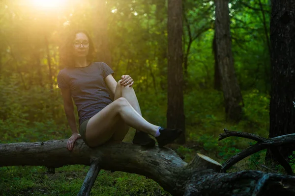 Jeune Femme Posant Sur Une Bûche Dans Forêt Repos Été — Photo