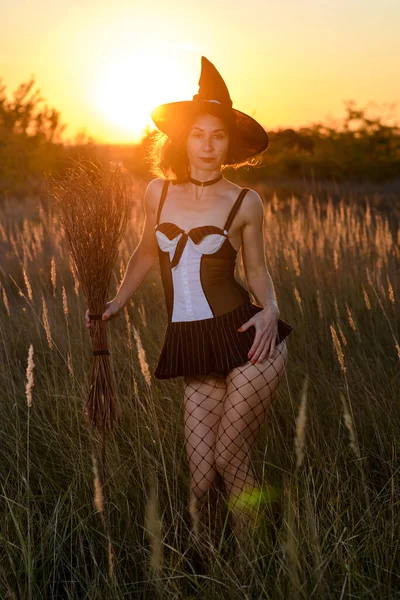 Cadı Şapkası Takmış Seksi Genç Bir Kadın Tarlada Süpürge Günbatımının — Stok fotoğraf