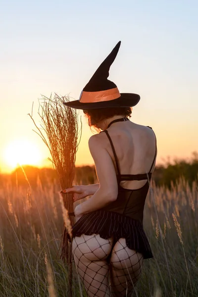 Cadı Şapkalı Seksi Genç Bir Kadın Tarlada Süpürge Gün Batımında — Stok fotoğraf