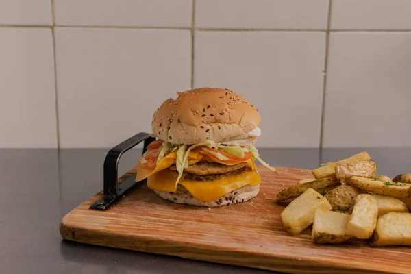 Big Double Burger Fries Kitchen — Stock Photo, Image