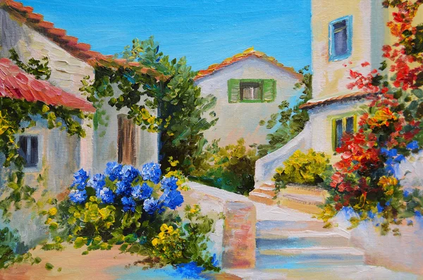 Oil painting on canvas of a beautiful houses near the sea — Stock Photo, Image