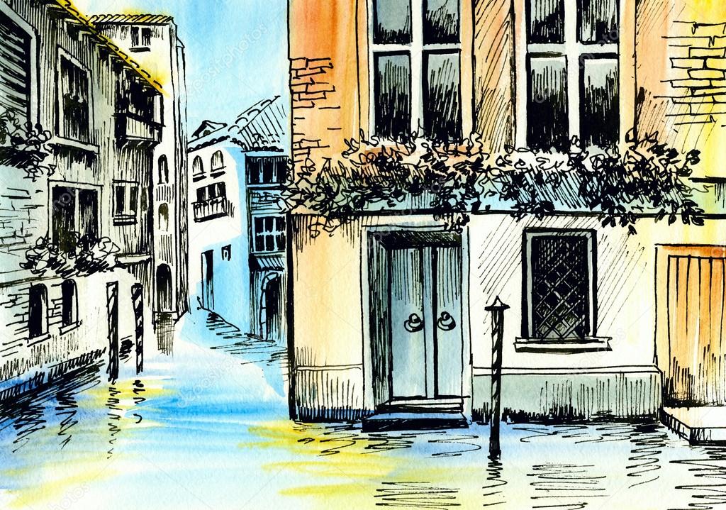 Watercolor painting - сanal in Venice