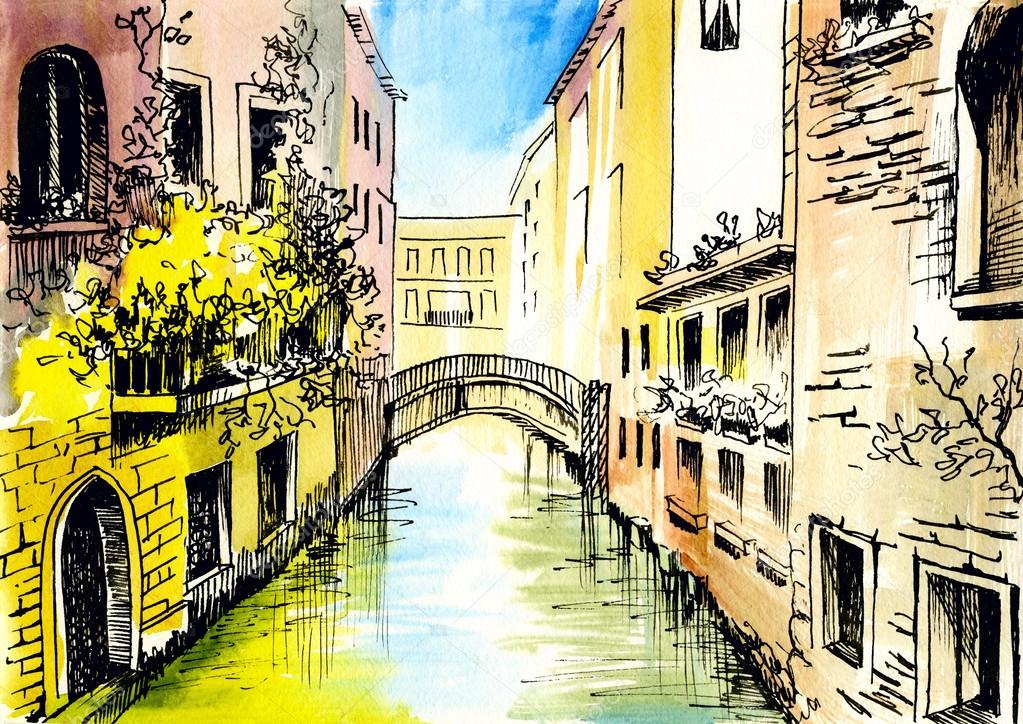 Watercolor painting - сanal in Venice