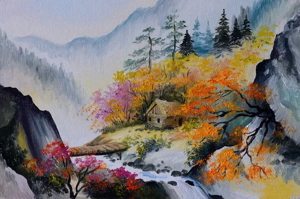 油画-景观的山，在山上的房子 — 图库照片