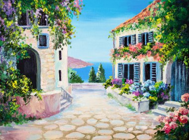 yağlı boya üzerine yağlıboya - denize sıfır ev