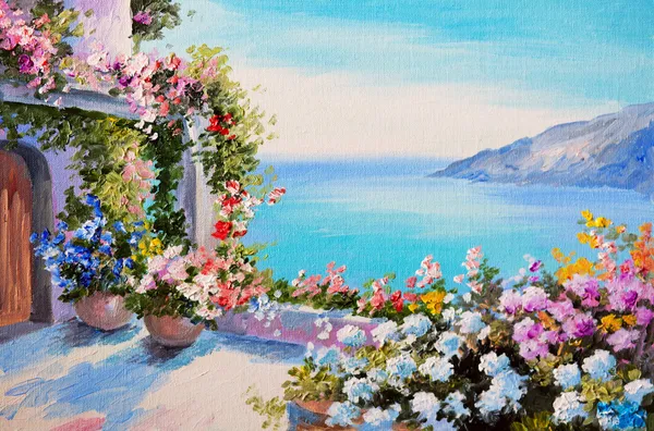 Pittura ad olio - casa vicino al mare — Foto Stock