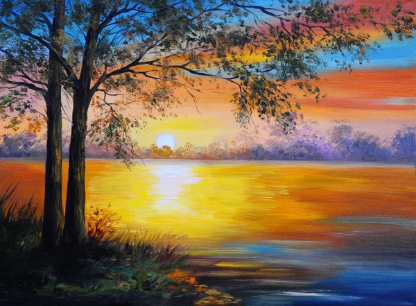 Pintura al óleo paisaje - árbol cerca del lago —  Fotos de Stock