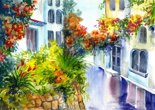 Watercolor painting - flowers near the house — Stock Photo, Image