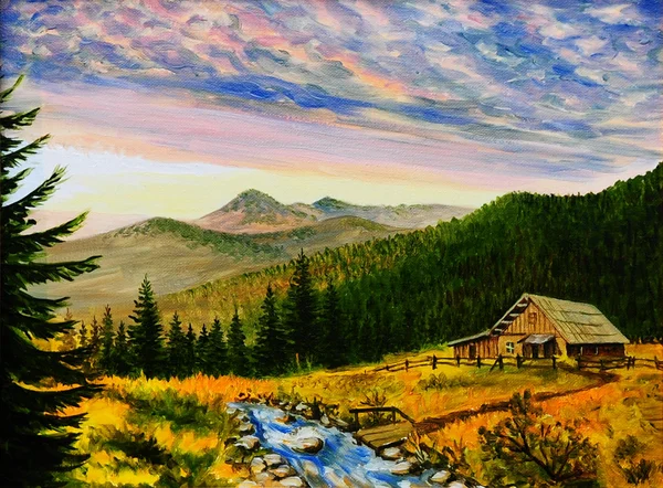 Pintura al óleo paisaje - puesta de sol en las montañas, casa de pueblo —  Fotos de Stock
