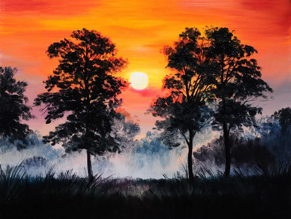Oljemålning landskap - solnedgång i skogen, dimma — Stockfoto