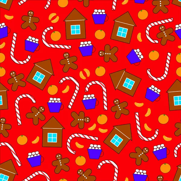 クリスマスと新年のシンボルからのシームレスなパターン ジンジャーブレッドの男 お菓子 みかん マシュマロ 赤い背景 ベクターイラスト — ストックベクタ
